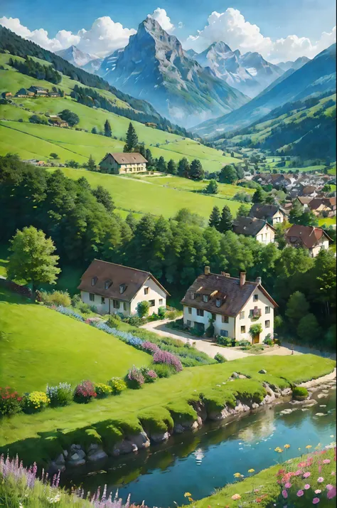 Peaceful and idyllic countryside, Rolling green hills dotted with grazing sheep, Charming villa，Set amidst vibrant flowers, Clear blue sky overhead, Evokes a sense of peace and simplicity, Valle encantador, switzerland, patches of green fields, lush countr...