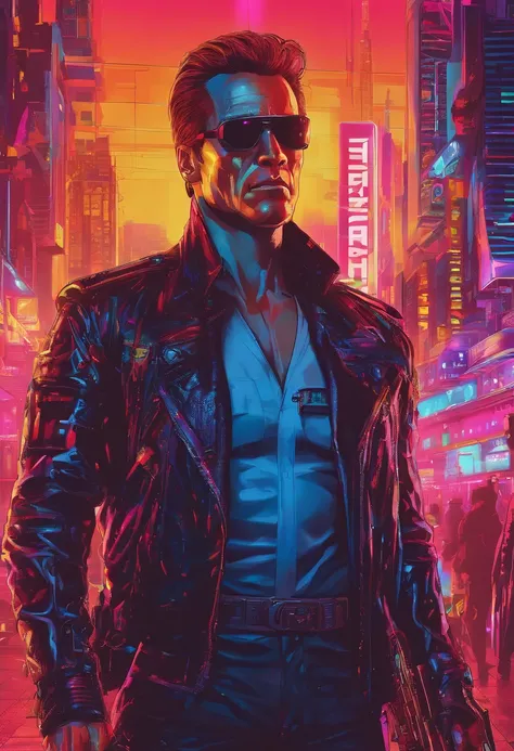 Text: "HELLO MAMA AI" a poster portrait of Terminator/Schwarzenegger with an intricate design