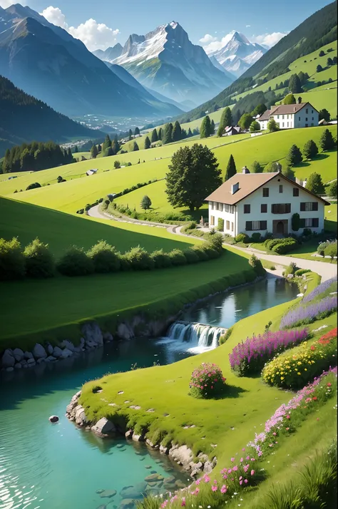 Peaceful and idyllic countryside, Rolling green hills dotted with grazing sheep, Charming villa，Set amidst vibrant flowers, Clear blue sky overhead, Evokes a sense of peace and simplicity, Valle encantador, switzerland, patches of green fields, lush countr...