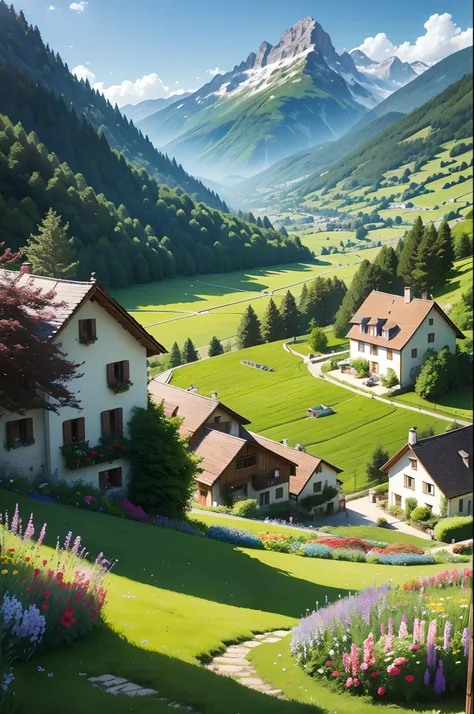 Peaceful and idyllic countryside, Rolling green hills dotted with grazing sheep, Charming villa，Set amidst vibrant flowers, Clear blue sky overhead, Evokes a sense of peace and simplicity, Valle encantador, switzerland, patches of green fields, lush countr...