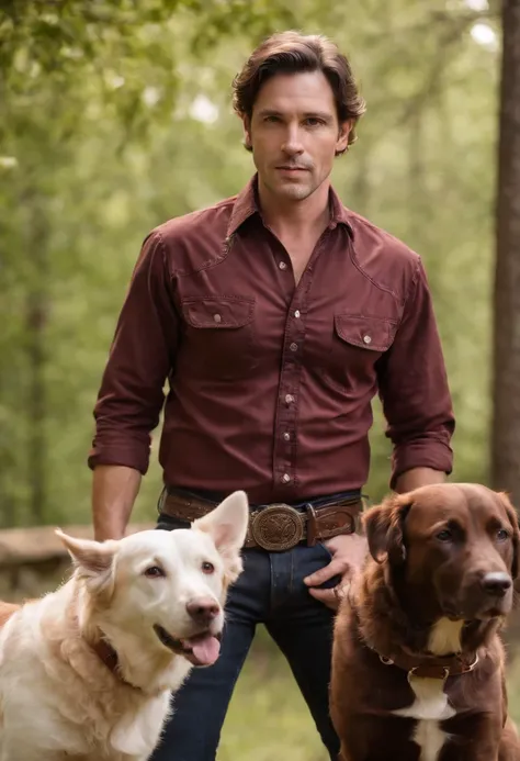 A 39 year old guy with wavy brown hair and dark brown eyes wearing a dark red and black cowboy shirt and black jeans and dark cowboy boots with his dogs