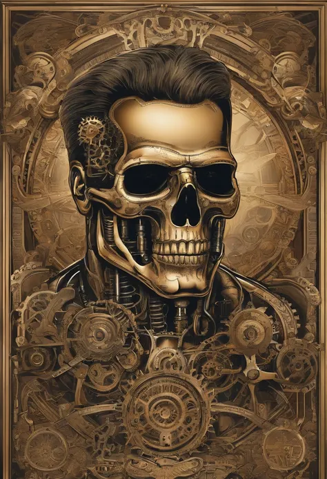 poster portrait of Terminator/Schwarzenegger with an intricate design