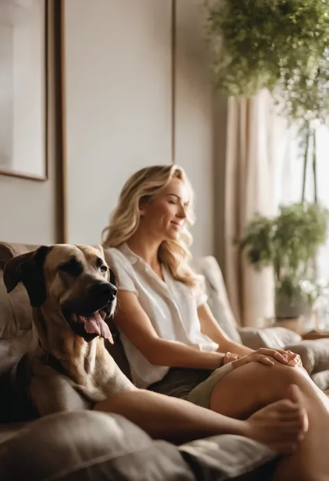 "In this high-resolution image, we see a blonde woman, dressed in shorts and a blouse, comfortably seated on the living room sofa. She appears relaxed, enjoying a hot day. By her side is her loyal companion, a Great Dane dog. The woman wears a gentle smile...