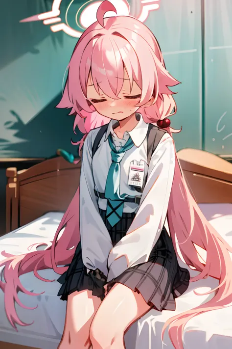 Hoshino (blue archive) One girl with long hair and uniform, pink hair, looking away, sitting, sleepy face, blushing, mouth small open, classroom (girl leaking pee): 0.4) best quality, high quality,