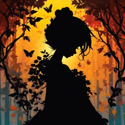 (art de la silhouette,Cuts:1.6)
(((Art of paper cutting,A world where only black exists:1.3)

(Tir de cowboy),1 fille,seulement,
(Kimono Fille,profil:1.2),blanc, Visage clair et beau,Chat noir aux pieds

casser
(Colorful leaves、jaune　rouge:1.1)
Textured gl...