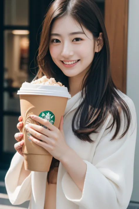 (in 8K、Raw photography、top-quality、​masterpiece:1.2)、30-years old、(japanes)、1人の女性、A detailed face、A detailed eye、Detailed mouth、Smile、In front of the Starbucks store、Eating icecream