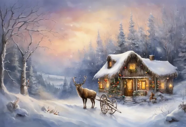 snow landscape，snow covered，Santa Claus sits on a sleigh pulled by an elk，Fly through the sky，yukito，Snow-covered house, It was snowing heavily in the sky，, hyper realisitc, snowy winter christmas night, santa, fantasia de cena de inverno,hyper realisitc，v...