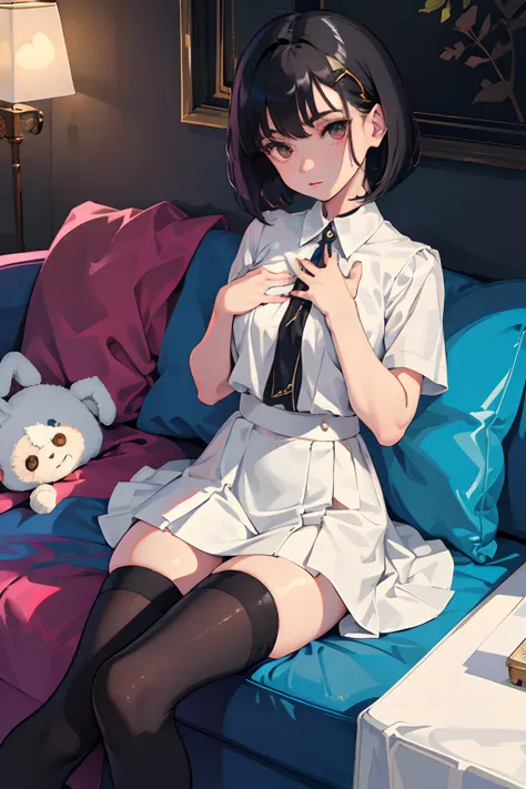 child，((hands on own chest))，（​masterpiece，Highest Quality），zettai ryouiki thighhighs，pleatedskirt，Short sleeve blouse，pupils，A dark-haired，Medium bob，Black socks，Thin leg，sofas