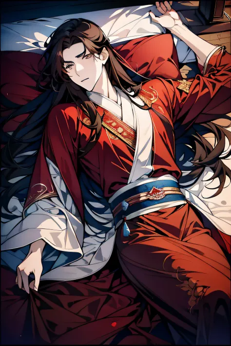 brown-haired handsome，long flowing hair，ancient handsome guy，gray eye，chinese ancient style，red and white robes，lie down in bed