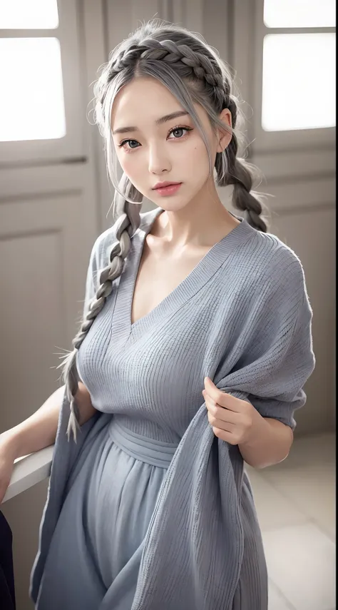 Beautiful woman with gray hair and braids、Indigo eyes、Trending Fashion Models、