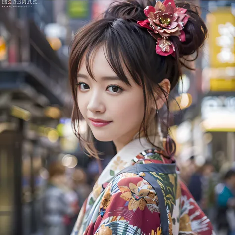 女の子1人、on tokyo street、A city scape、The upper part of the body、wearing Japanese kimono、Piercing with a kanzashi with hair up、a closeup、A smile、、(8K、Raw photography、top-quality、​masterpiece:1.2)、(realisitic、photoRealstic:1.37)、Highly detailed eyelash drawing...