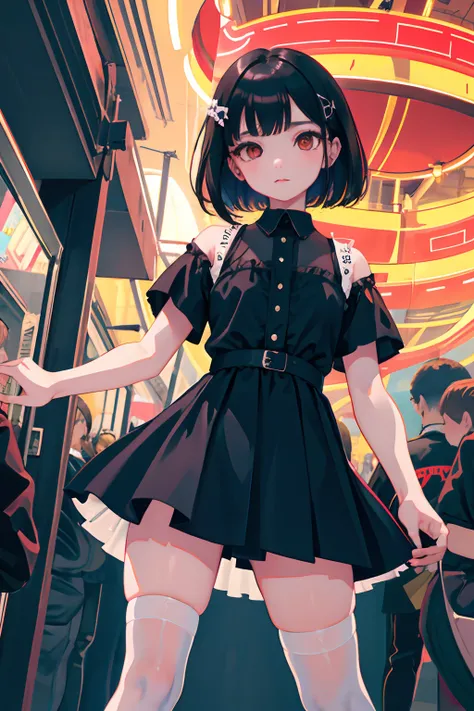 child，daunting pose，（​masterpiece，Highest Quality），zettai ryouiki thighhighs，pleatedskirt，Short sleeve blouse，pupils，A dark-haired，Medium bob，Black socks，An amusement park