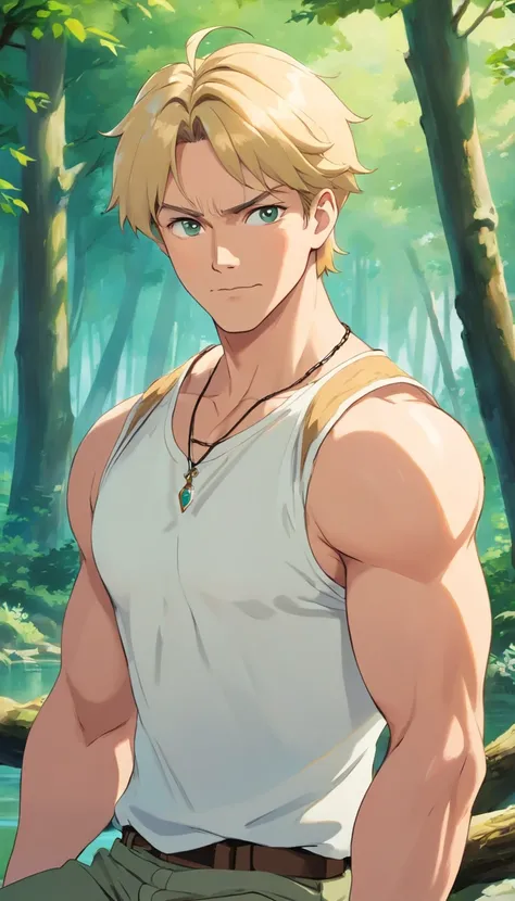 Ghibli style, Arnold Schwarzenegger, (Arnold Schwarzenegger), 1guy, American, (cheerful:1,5), Muscled, 50 y.o., armlet, bangs, Blond hair, black undershirt, breasts, cape, circlet, earrings, facepaint, floating hair, forest, fur cape, necklace, outdoors, p...