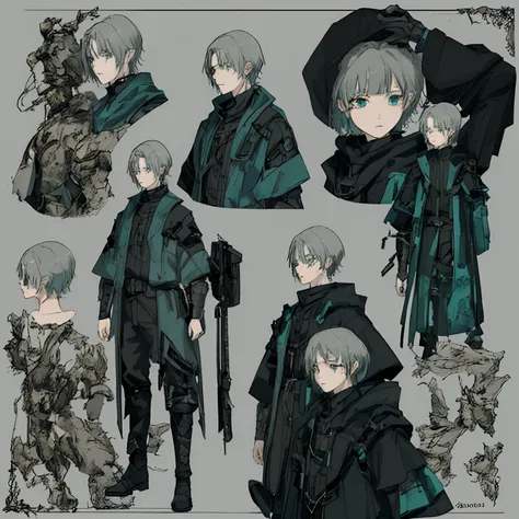 Top quality,hight image quality,masterpiece,good face,1boy, character design, front angle,front angle,dynamic poses, (masterpiece:1.2), (best quality:1.3), matte outfit, post apocalyptic, old dusty, ,black turquoise outfit.simple outfits,shota, (turquoise ...