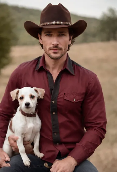 A 39 year old guy with wavy brown hair and dark brown eyes wearing a dark red and black cowboy shirt and black jeans and dark cowboy boots with his Jack Russell Terriera