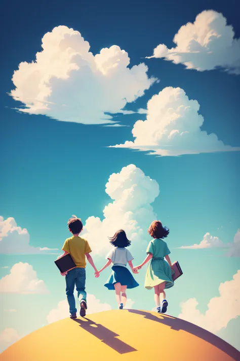 There are three people walking on a book, colorful kids book illustration, exciting illustration，There are white clouds, animation illustrative style, illustration!,