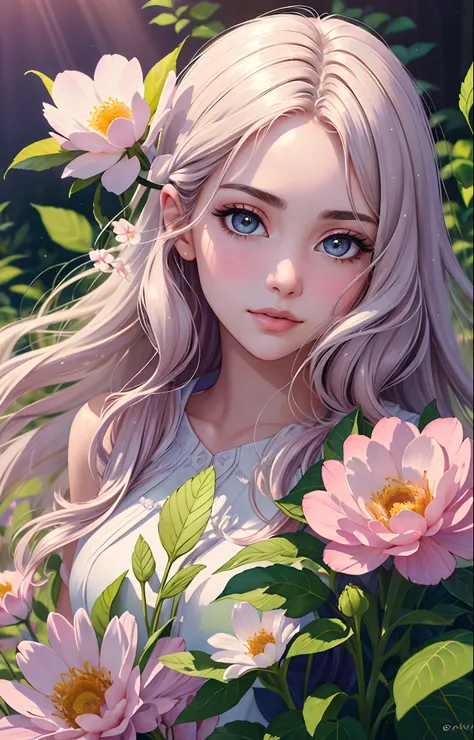 beautiful detailed eyes, beautiful detailed lips, extremely detailed face, long eyelashes, soft and flowing hair, gentle expression, wearing a pastel-colored dress, standing in a blooming flower garden, surrounded by vibrant flowers and butterflies, rays o...