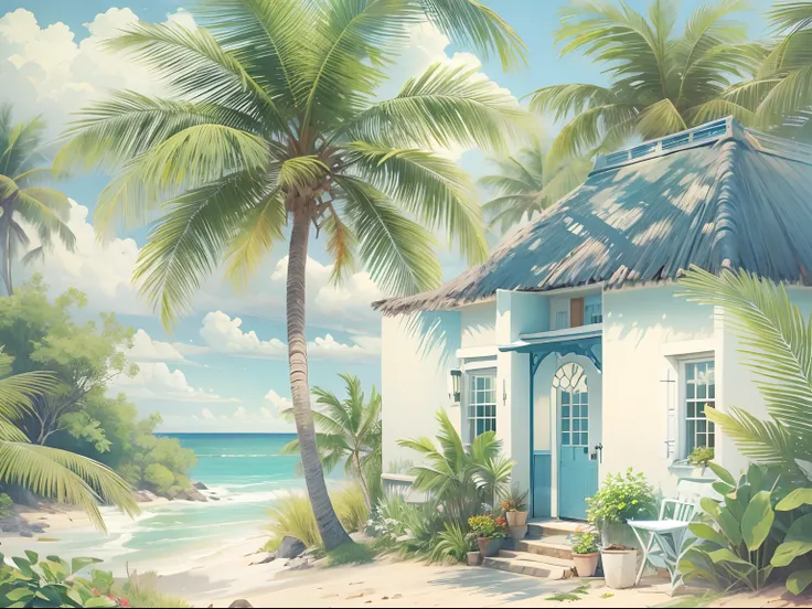 Holiday cottage, Blue-white,Coconut Tree, beachside, spray..