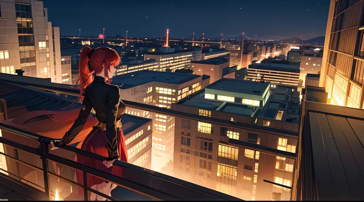 masterpiece, lots of detail, 4k, 8k, ((ultra-detailed)), highres, rooftop, looking out, night, long skirt, {red hair|green hair|black hair|blue hair}, {ponytail|short hair|long hair|curly hair}