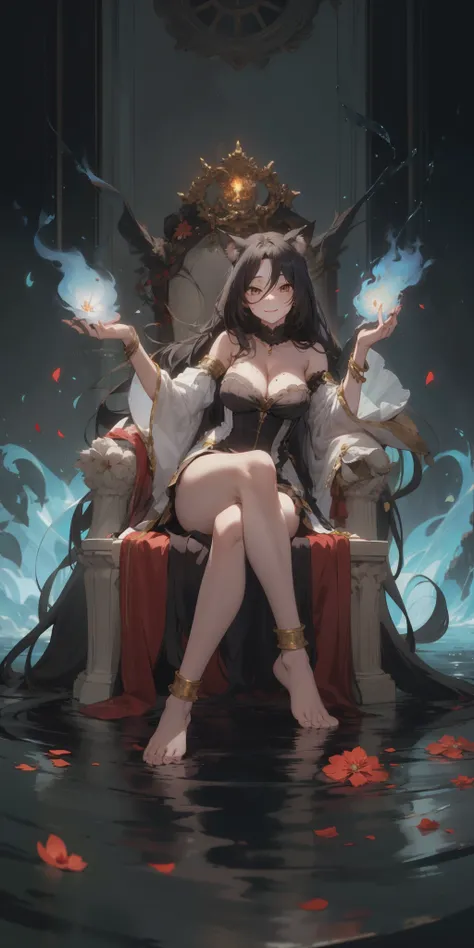 dominique_de_sade, (black hair, long hair, brown eyes:1.4), , forehead,breasts, jewelry, 1girl, black_hair, long_hair, solo, anklet, sitting, cleavage, detached_sleeves, barefoot, bare_shoulders, bracelet, animal_ears, water, large_breasts, looking_at_view...