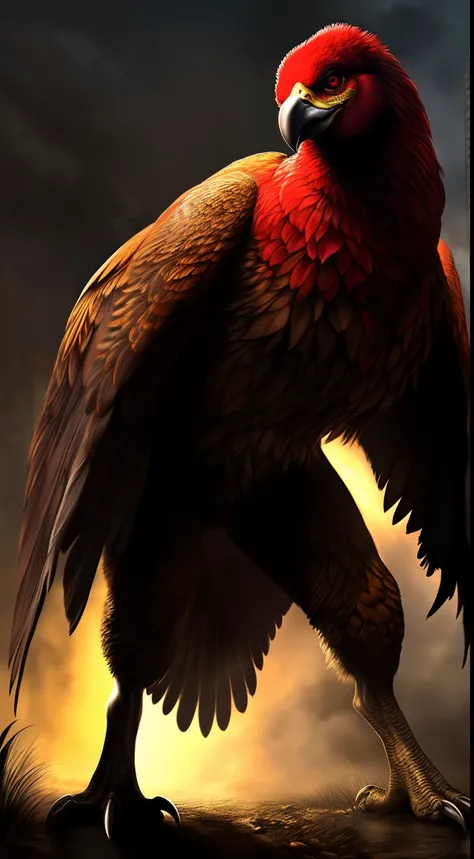 (Best Quality,Ultra-detailed,Realistic:1.37)、anthology、 Ferocious chickens, Solo, Womans, Atrocious、cruel、offensive、Evil face、sharp claws、Detailed red eyes,human sized、Arms are wings、Sharp beak、Standing, (realistic fur, furr, realistic fur texture:1), Horr...