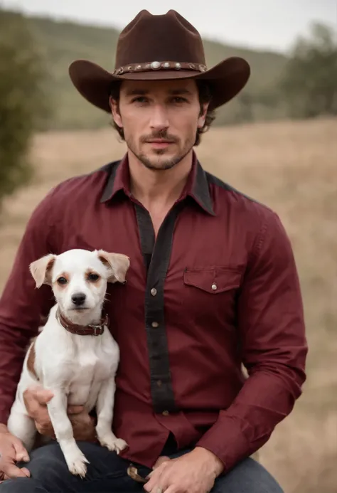 A 39 year old guy with wavy brown hair and dark brown eyes wearing a dark red and black cowboy shirt and black jeans and dark cowboy boots with his Jack Russell Terriera