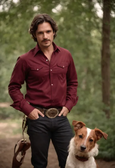 A 39 year old guy with wavy brown hair and dark brown eyes wearing a dark red and black cowboy shirt and black jeans and dark cowboy boots with his Jack Russell Terriera