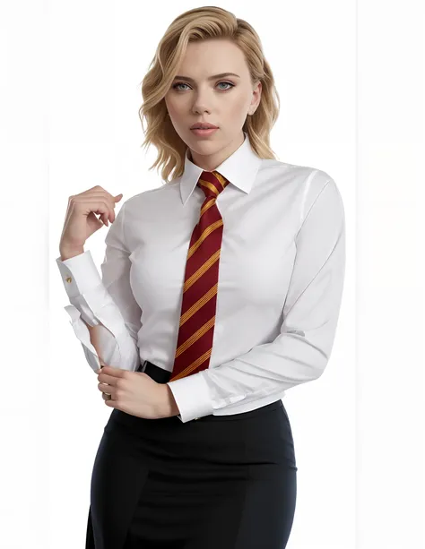 Scarlett Johansson in a skirt and shirt posing for a picture, wearing a shirt with a tie, tight collar, buttoned up collar, tight necktie, office clothes, business clothes, white dress shirt, wearing in shirt, dress shirt and tie, fine white shirt, busines...