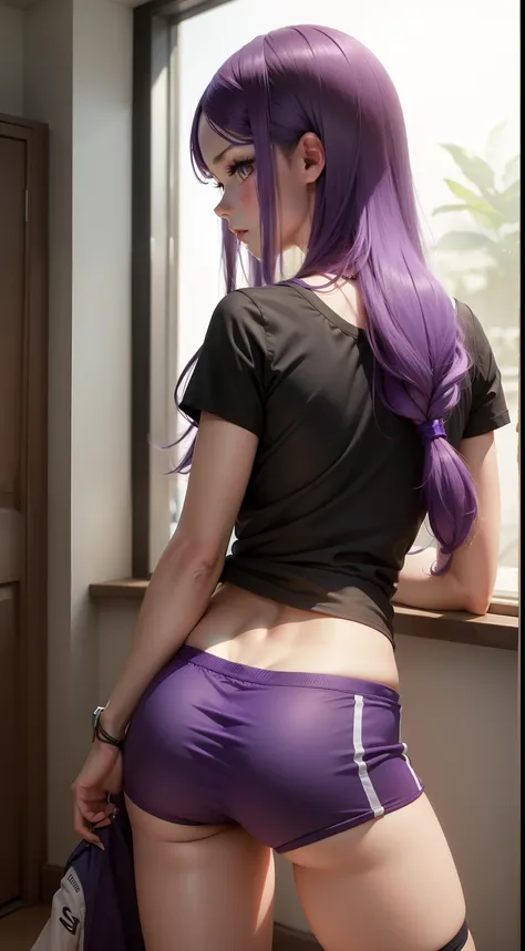 Girl with long purple hair, Slim, cuteface, little chest, in sports shorts and a short T-shirt, seen from behind