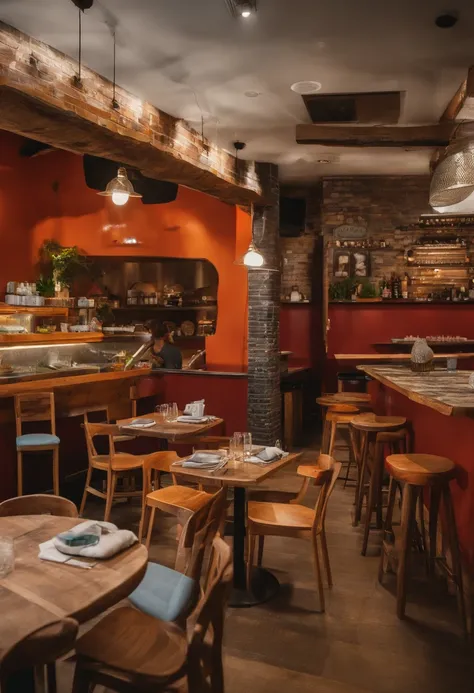 A vibrant and lively pizza restaurant nestled in the heart of Australias bustling cityscape. The interior boasts a unique blend of rustic and modern elements, with exposed brick walls adorned with colorful graffiti art. The wooden tables are adorned with v...