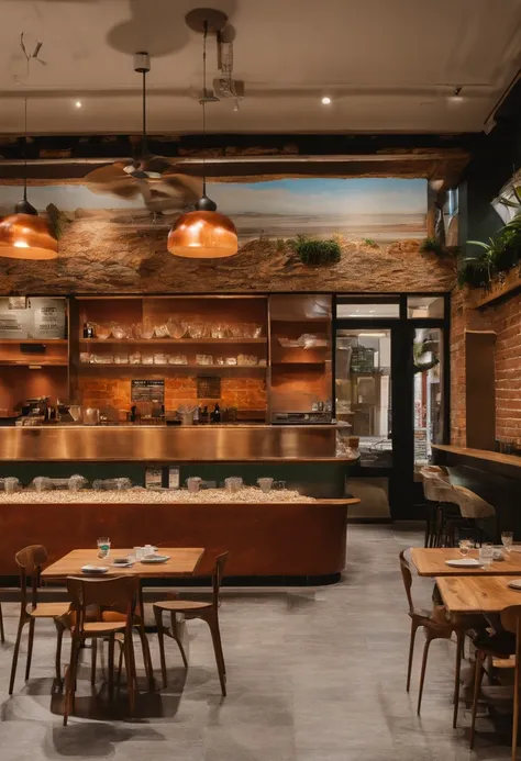 A vibrant and lively pizza restaurant nestled in the heart of Australias bustling cityscape. The interior boasts a unique blend of rustic and modern elements, with exposed brick walls adorned with colorful graffiti art. The wooden tables are adorned with v...