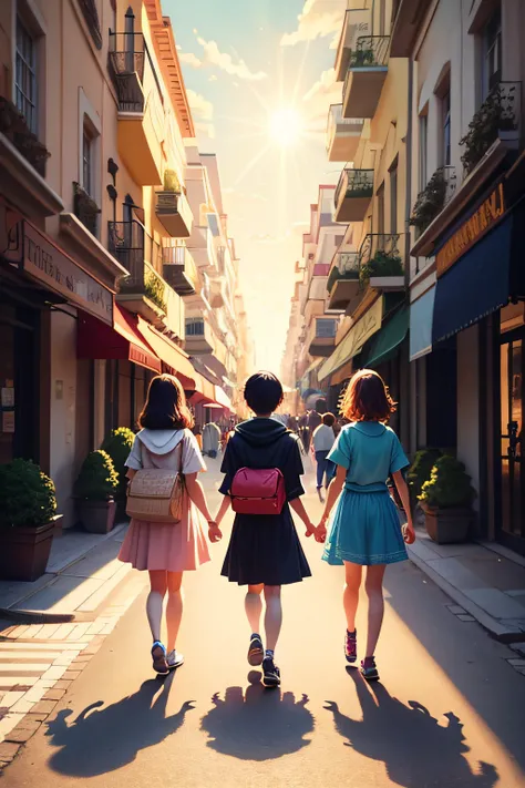 There are three people walking on a book, colorful kids book illustration, exciting illustration，There is sun shine,There are street animations illustrating the style, illustration!,