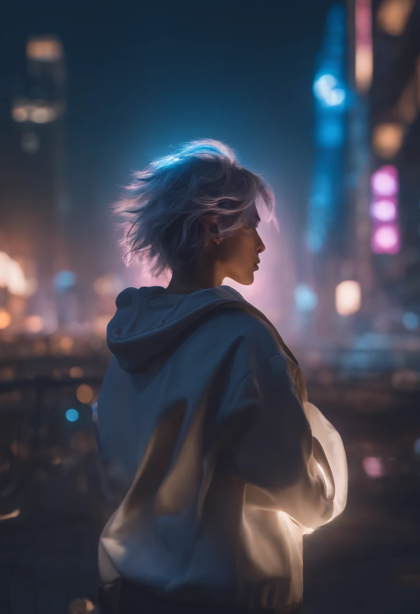 (Masterpiece), Best quality, 超高分辨率, young man, cyberpunk 1guy flying above stunning cityscape ,The lights on the clothes came on，There is a tattoo on the neck，Hoodie,grey hair, neon color shooting stars, wavy hair, cropped shoulders, feathers hair ornament...