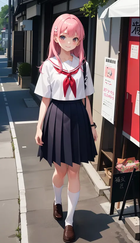 1girl in、AS-Adult、A smile、The shirt、skirt by the、（small tits）Japan High School、校服、serafuku、Walking with a thigh、Upper body portrait、