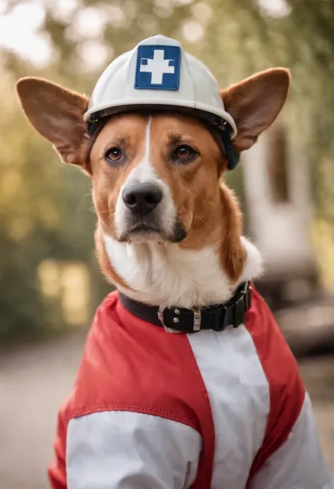 A 40 year old man with dogs ears and tail wearing a paramedic uniform