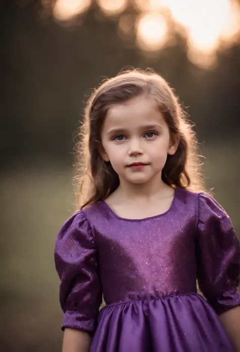 A six year old daughter wearing a shiny purple moon dress