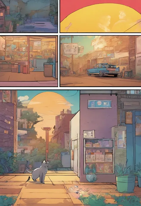 American comic, Comic Story、Displayed in multiple colored irregular panels. American Shorthair cat experiences hardship while running away from home、Reunited with the owner. Style is exaggerated、Details