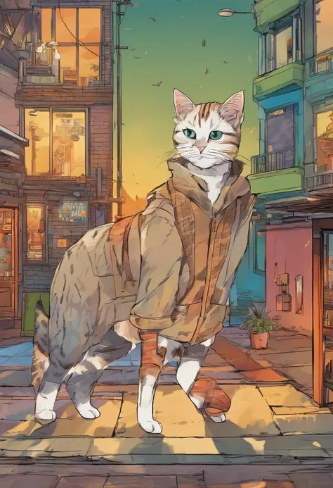 American comic, Comic Story、Displayed in multiple colored irregular panels. American Shorthair cat experiences hardship while running away from home、Reunited with the owner. Style is exaggerated、Details