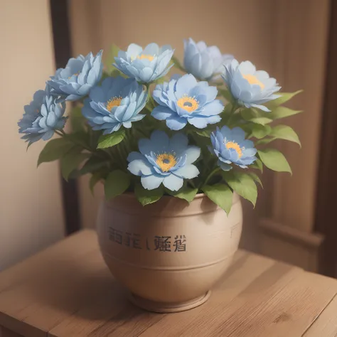 best qualtiy，tmasterpiece，超高分辨率，（photograph realistic：1.4）， [The blue Higan flower blooms in the flowerpot]。