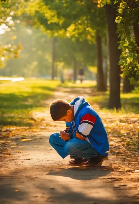 A photograph captured in a park on a bright sunny day, showcasing a young boy in a moment of heartfelt prayer. The image is crisp and detailed, with vibrant colors and a perfect balance of light and shadow. The composition highlights the boys innocent expr...