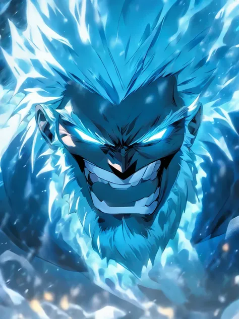 create a character for the superhero story, ice man, bioluminescent blue eyes, blue light coming out of the eyes, white skin, white hair, white beard, Siberia, snow, man, strong and threatening look, handsome, perfect face, scar, malicious smile, menacing ...