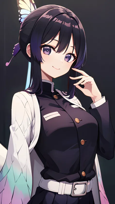 ​masterpiece, top-quality, Hi-Res, 1girl in, 独奏, kochou shinobu, butterfly hair ornament, a purple eye, O cabelo multicolorido, shorth hair, partedbangs, Black jacket, long-sleeve, a belt, The upper part of the body、 Smile,、A desert