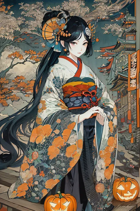 (masuter piece、top-quality、ukiyoe style、Mystical、Beautifully Aesthetic、offcial art、Sharaku:1.2)、(1 girl in:1.3)、(Fractal Art:1.3)、cowboy  shot、white and clean skin、(Beautiful black hair、Kimono:1.2)、Traditional performing arts of Japan in the background、hig...