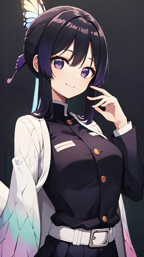 ​masterpiece, top-quality, Hi-Res, 1girl in, 独奏, kochou shinobu, butterfly hair ornament, a purple eye, O cabelo multicolorido, shorth hair, partedbangs, Black jacket, long-sleeve, a belt, The upper part of the body、 Smile,、A desert