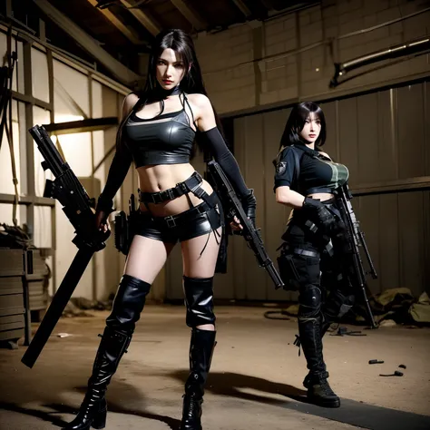 There were two women in black leather clothes with guns, ayami kojima and lyde caldwell, quiet from metal gear solid, cyberpunk women, wearing techwear and armor, militaristic!!!, resident evil inspired, From Metal Gear, Charming Tifa Lockheart, Tifa Lockh...