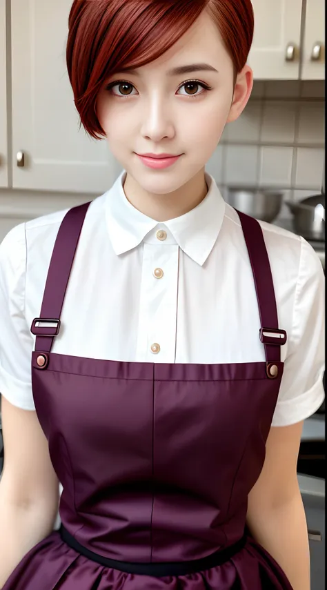 Close-up portrait of a playful maid, undercut hair, Natural, aprons, amazing body, pronounced feminine features, Kitchen, [Ash Blonde | Ginger | Pink hair], freckle, Flirting with camera