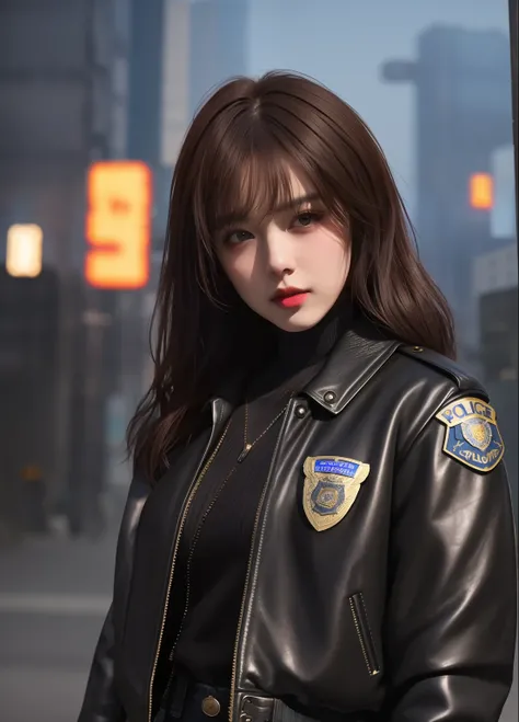 in cyberpunk city at night、beautiful female model、Portrait of gldot as a beautiful face with short dark brown hair。She is wearing a leather jacket、Black jeans、Wearing dramatic lighting(police badge:1.2)