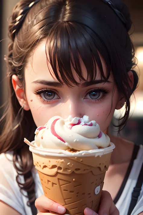 The owner of an ice cream shop, girls ,Close-up, a puppy, Intricate details, S-face, haze, Very detailed , Redshift Rendering , surreal