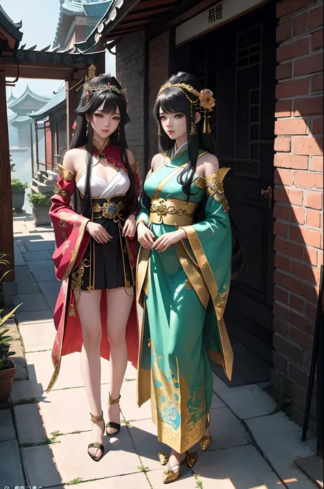 two women in costumes posing for a picture in a doorway, wlop and sakimichan, asian hyperdetailed, a beautiful fantasy empress, artwork in the style of guweiz, trending on cgstation, 8k high quality detailed art, beautiful render of tang dynasty, anime tha...