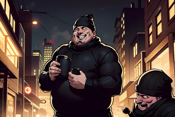 fat man, robber, wearing a black sweater, black beanie hat, bald, creepy laugh, gotham city alley background, night time